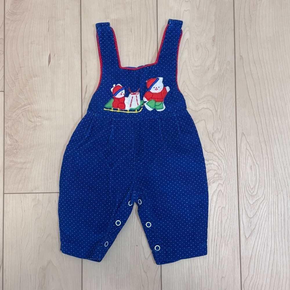Vintage Newborn Corduroy Blue Polka Dot Winter Themed Overalls 100% Cotton